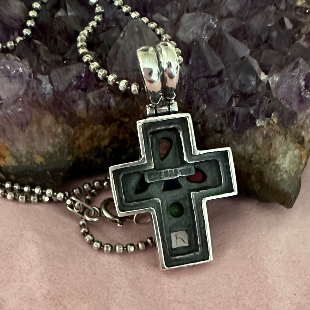 Vintage Sterling Silver 925  THAI Multicolor Cross Pendant Necklace - Picture 3 of 5